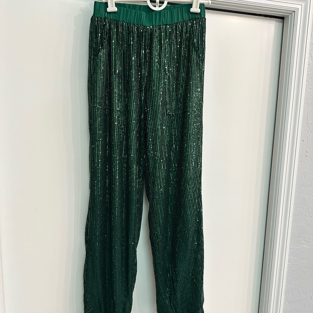 ODDY Wicked Green Sequin Joggers Pants Size S clubbing chic boutique NWT